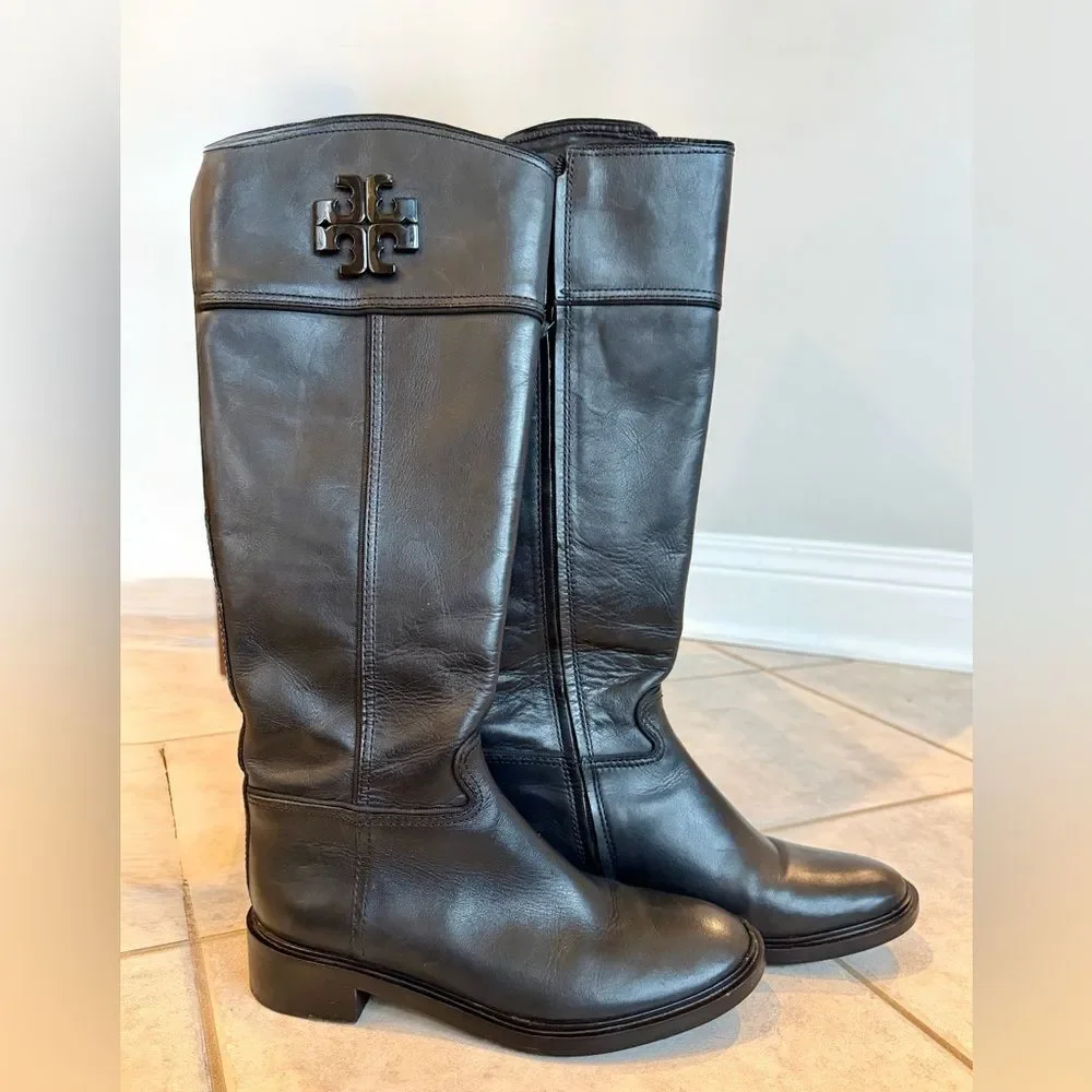 Tory Burch Lowell 2 Black Leather Logo Tall Riding Boots 50869 Size 6M Designer